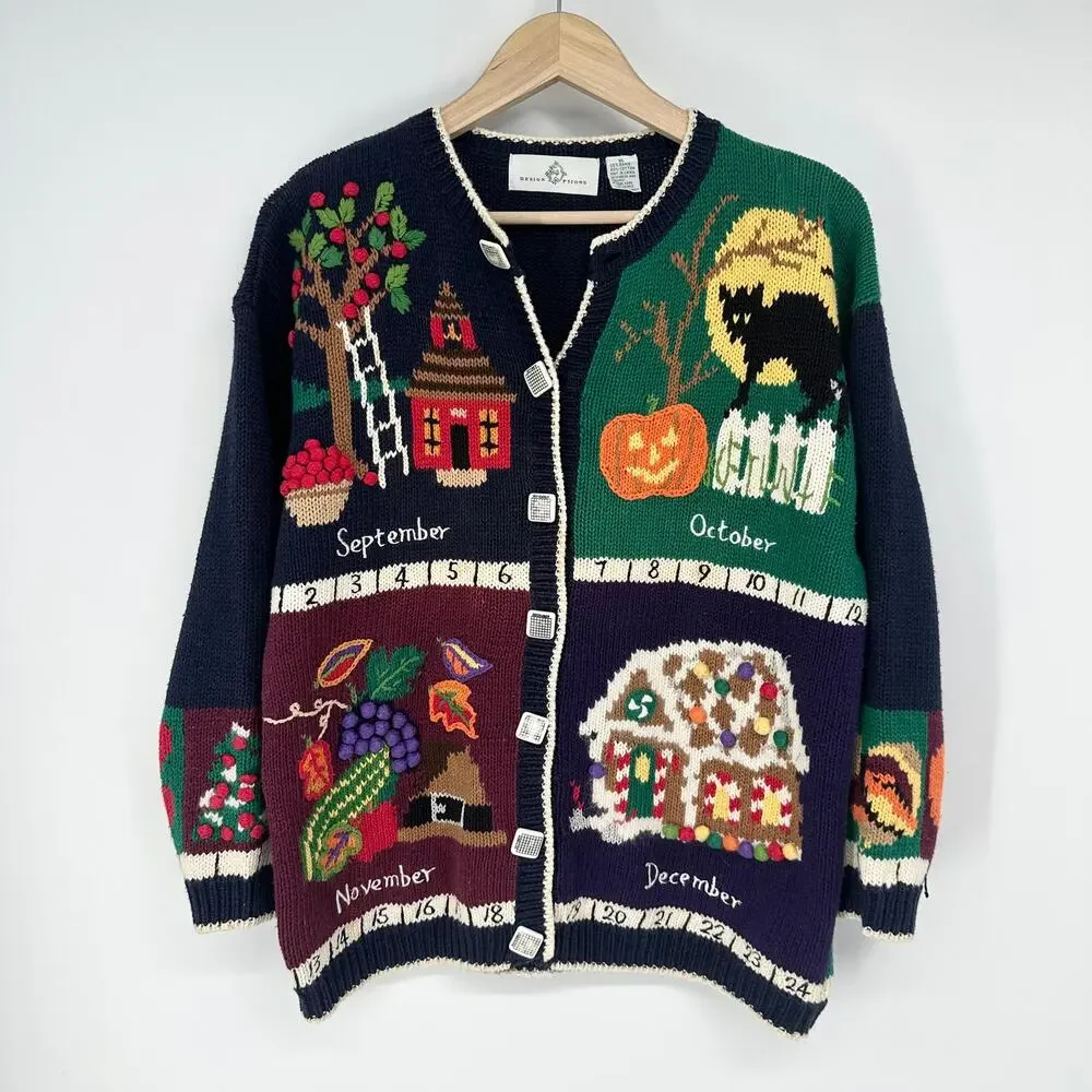 Vintage 90’s Teacher Sweater Fall Winter Months Novelty Chunky Knit Cardigan - Picture 14 of 14